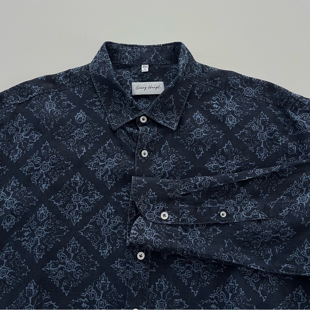Georg Haupt Men's 100% Linen Shirt XXL Blue Patterned Long Sleeve Resort Luxury